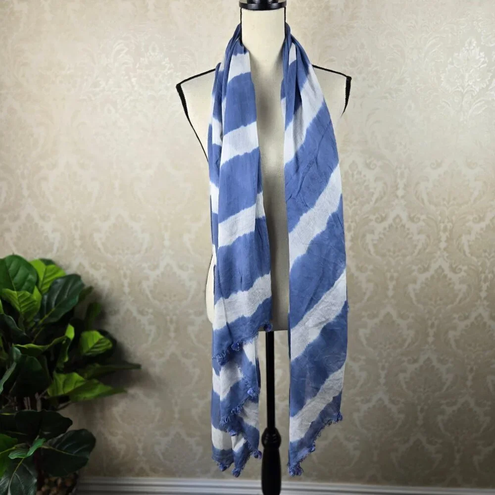 Mud Pie Oblong Blue White Tie Dye Scarf Pompom Fringed Ends
